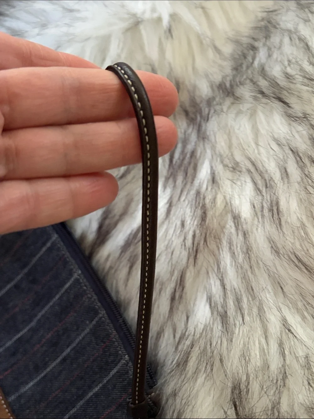 Coach denim Pinstripe Wristlet with Brown Suede Trim